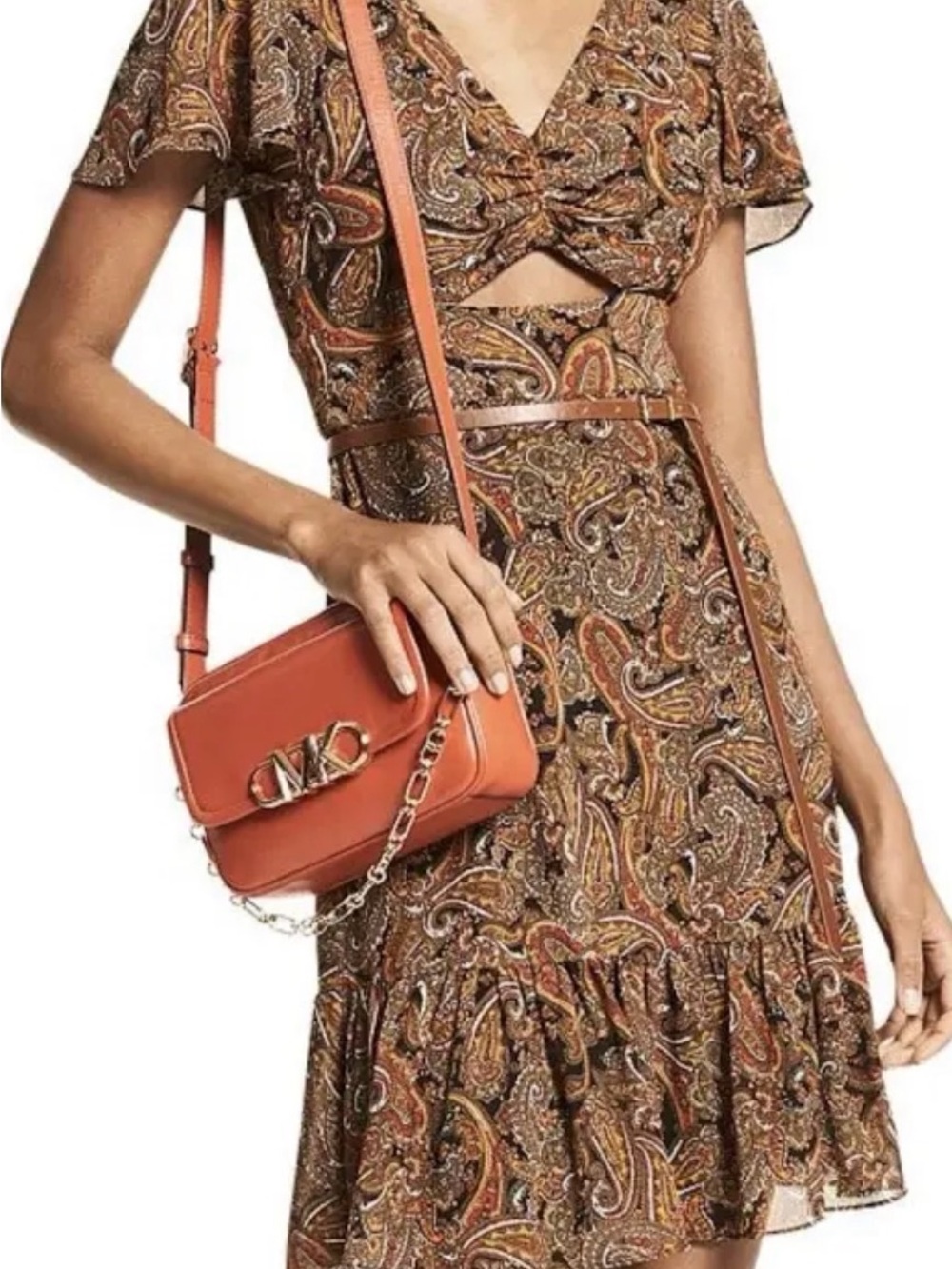 MICHAEL Michael Kors Paisley Cutout Mini Dress in Brown and Gold